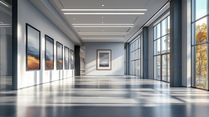 Fototapeta premium Modern gallery hallway with abstract art and expansive windows.