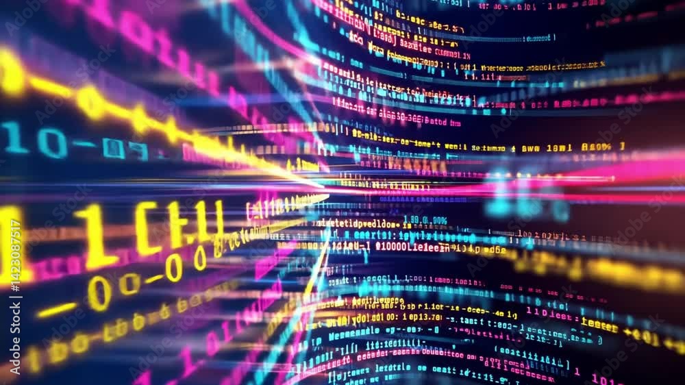 Poster colorful data streams with binary code in a digital environment