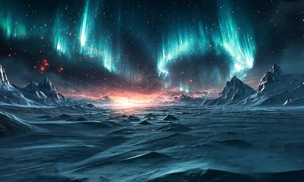 Stunning aurora borealis illuminating a frozen landscape with distant mountains under a starry sky