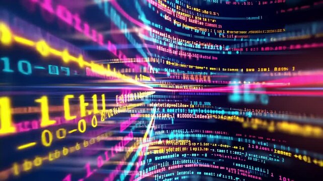 Colorful data streams with binary code in a digital environment