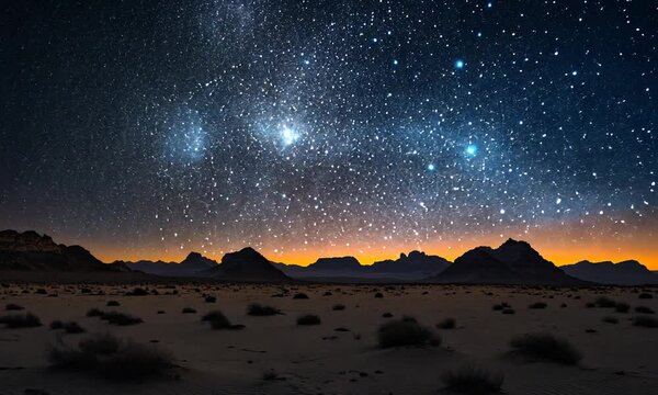Starry Night Sky Over Desert Landscape with Mountains and Distant Horizon at Twilight