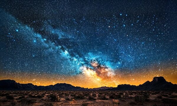 Stunning night sky over desert landscape showcasing the Milky Way and distant mountains