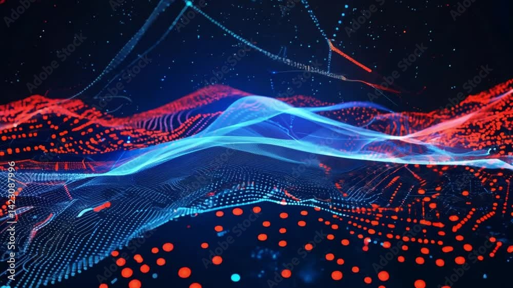 Poster abstract digital wave patterns with glowing lines and particles