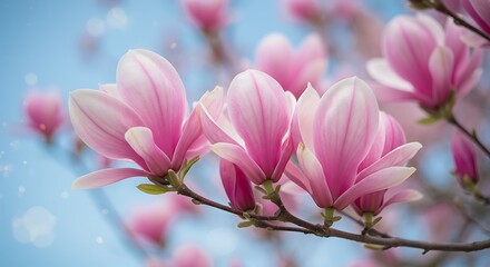 Obraz premium Blooming Pink Flowers Against Blue Sky in Spring Season