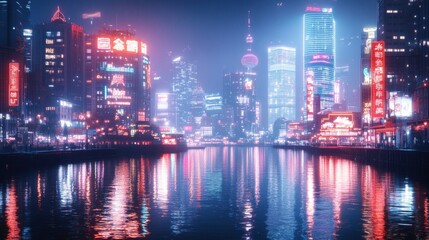 Fototapeta premium Brightly lit skyscrapers in Russian and Chinese business districts create a stunning urban landscape at night, with colorful lights reflecting on the calm water, enhancing the dynamic atmosphere