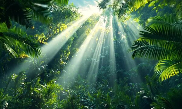 Sunlight streaming through dense rainforest canopy, illuminating lush greenery and vibrant foliage