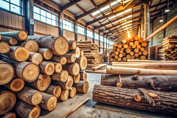 A pile of wood logs stacked in a warehouse