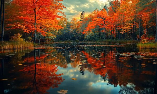 Vibrant autumn landscape reflecting colorful trees in serene lake under a cloudy sky