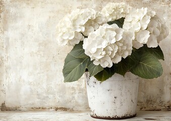 White Hydrangeas in Rustic Pot