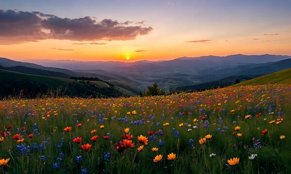Vibrant sunset over a colorful wildflower meadow with rolling hills in the background