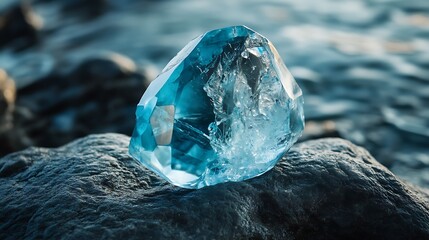 Blue Gemstone Sparkling on Rock Near Water