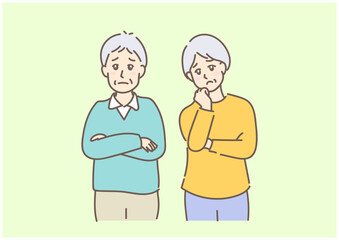 優しい色合いで描いた、困った表情の腕組みをするシニア夫婦（背景あり）