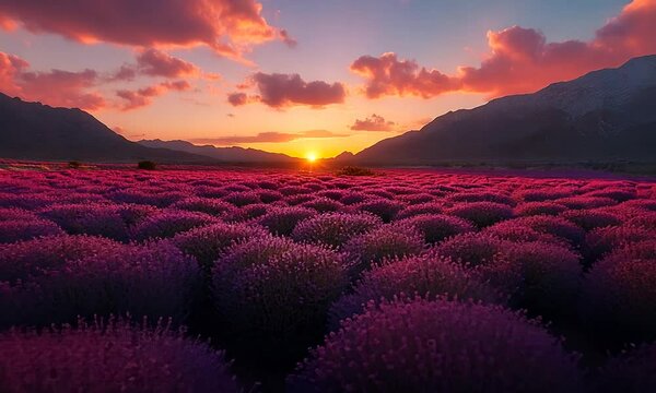 Vibrant sunset over a lavender field with mountains in the background, showcasing nature's beauty