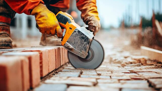 Construction worker cutting brick pavers