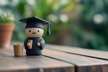 Cute Graduate Figurine with Cap and Diploma on a Wooden Table Surrounded by Greenery