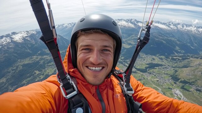 A hang glider takes a photo of himself in a wind mirror at high altitude