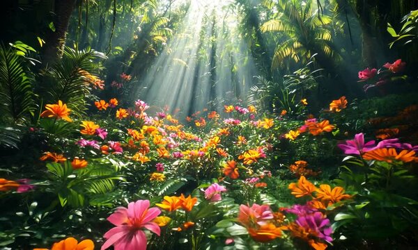 Vibrant tropical garden with colorful flowers and sun rays filtering through lush foliage