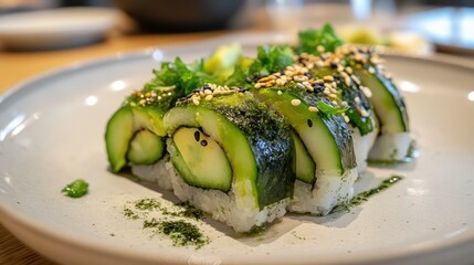 A plate of sushi with avocado and seaweed
