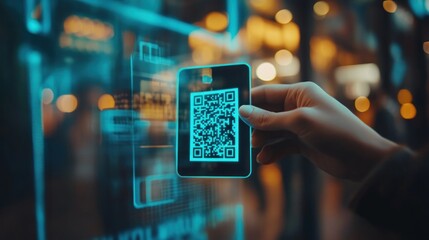 Person scanning a QR code on a smartphone display in a city.