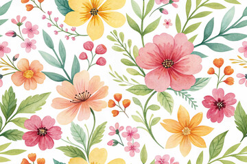 A delicate, repeating floral pattern in soft watercolor hues of pink, yellow, orange, and green with varied flower shapes and green foliage on white