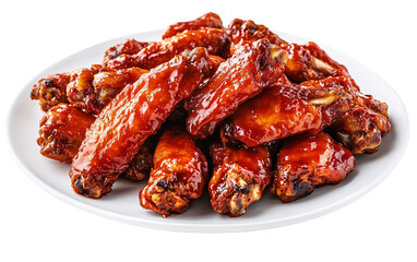 Delicious barbecue chicken wings isolated on transparent background, glazed spicy chicken drumettes and flats, hot saucy crispy wings
