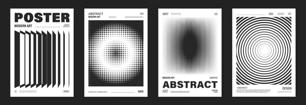 Abstract monochrome poster background vector set. Modern cover template with black and white perspective geometric prism shape, halftone dot, line. Ideal design for social media, banner, ads.
