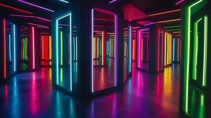 Illuminated Neon Light Hallway with Geometric Reflective Patterns