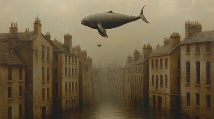 Naklejka premium Imaginative fish flying over a bustling cityscape below creating a surreal scene of nature and urban life merging