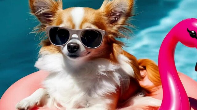 Cool Chihuahua in Flamingo Pool Float with Sunglasses
