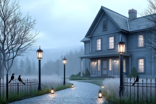 A gothic-inspired rural farm at dusk with dark clouds, mist, and workers toiling under lantern light
