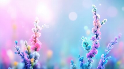 Naklejka premium Vibrant pastel flowers in soft focus. Delicate blooms in a variety of pastel shades against a dreamy, hazy background