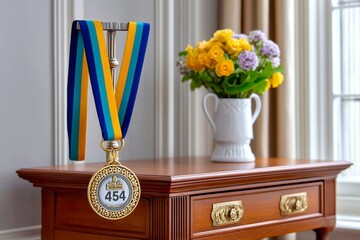 A medal resting on a runner nightstand with yesterday race bib