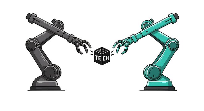 Robotic Arms Reaching for Cube Illustration on White