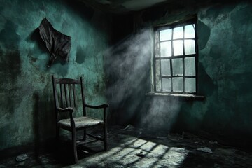 Abandoned room with a single chair. Sunlight streams into a dilapidated interior