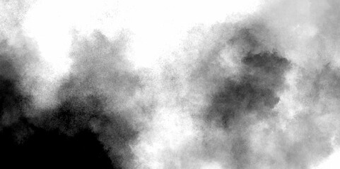 Black particles explosion isolated on white background. Painting gray with cloudy distressed texture. Calming scene of drifting smoke folding white and black watercolor grunge texture background