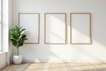 Sunlit Interior with Blank Frames and Potted Plant Ready for Design Display