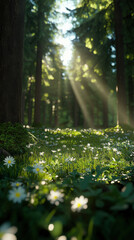 Obraz premium Bright spring woodland, fresh leaves, sunrays through tall trunks, wildflowers carpeting the forest floor