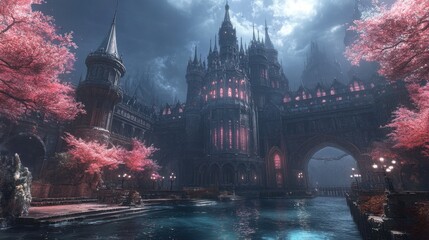 Majestic castle surrounded by a beautiful fountain creating a captivating scene of architectural grandeur and serenity