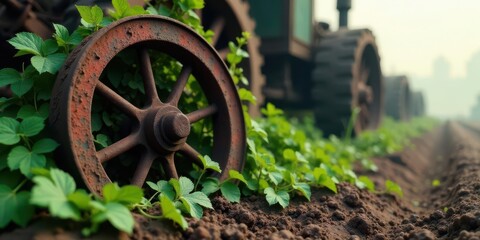 Rusty Wheel Immersed in Verdant Foliage, a Symbol of Rural Past and Agricultural Heritage