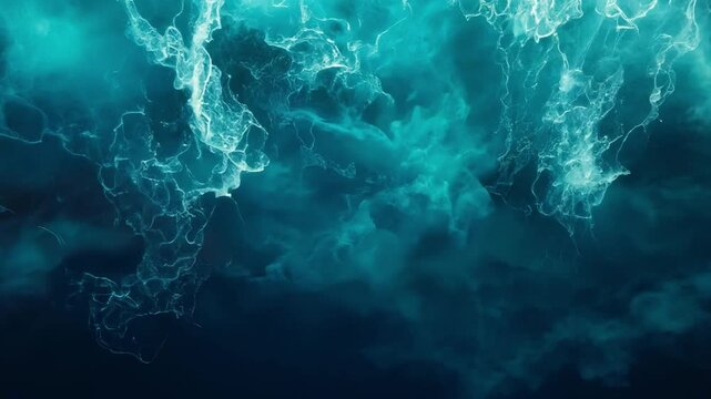 Blue liquid texture with seamless coral reef pattern shows a glowing underwater world map with electric light and motion of bubbles in a digital sea