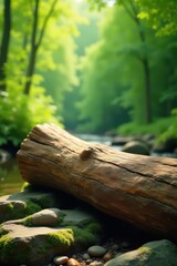 Fototapeta premium Sunlit Log Rests on Mossy Rocks by a Tranquil Stream in a Verdant Forest