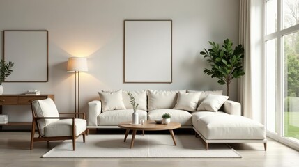 Serene Living Room Interior Design with Modern Sectional Sofa and Wooden Accents