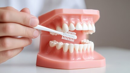 A dental professional using a jaw model and toothbrush to demonstrate proper brushing techniques to a smiling patient