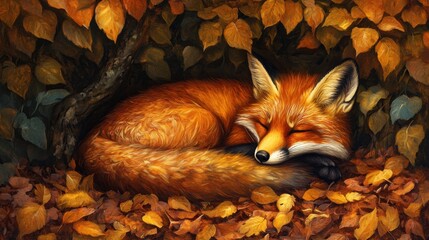 Fototapeta premium Cozy fox nestled in a pile of vibrant autumn leaves enjoying a peaceful slumber amidst nature's beauty