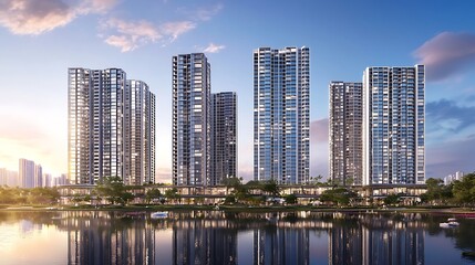 Lakeside serenity: modern cityscape reflecting tranquility on the water's surface