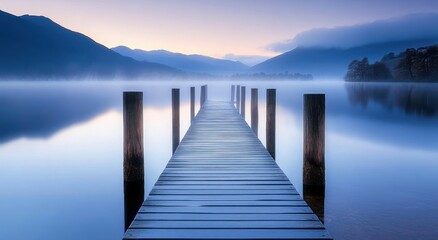 Naklejka premium A wooden pier extends into a tranquil lake with mountains and mist