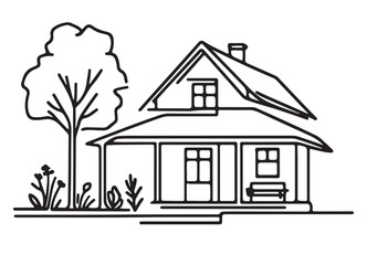 Cozy house outline drawing with tree landscape illustration design