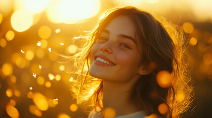 Fototapeta premium Abstract depiction of joy as a radiant golden explosion of light particles. Ethereal and dynamic atmosphere