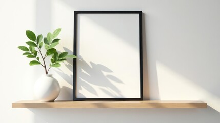 Simple Minimalist Home Decor Mockup A Blank Frame and Greenery on a Light Wood Shelf