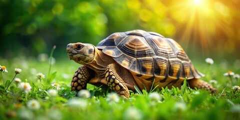 Fototapeta premium Ancient creature, star tortoise, walking in green grass, flowers and leaves around it, gentle steps